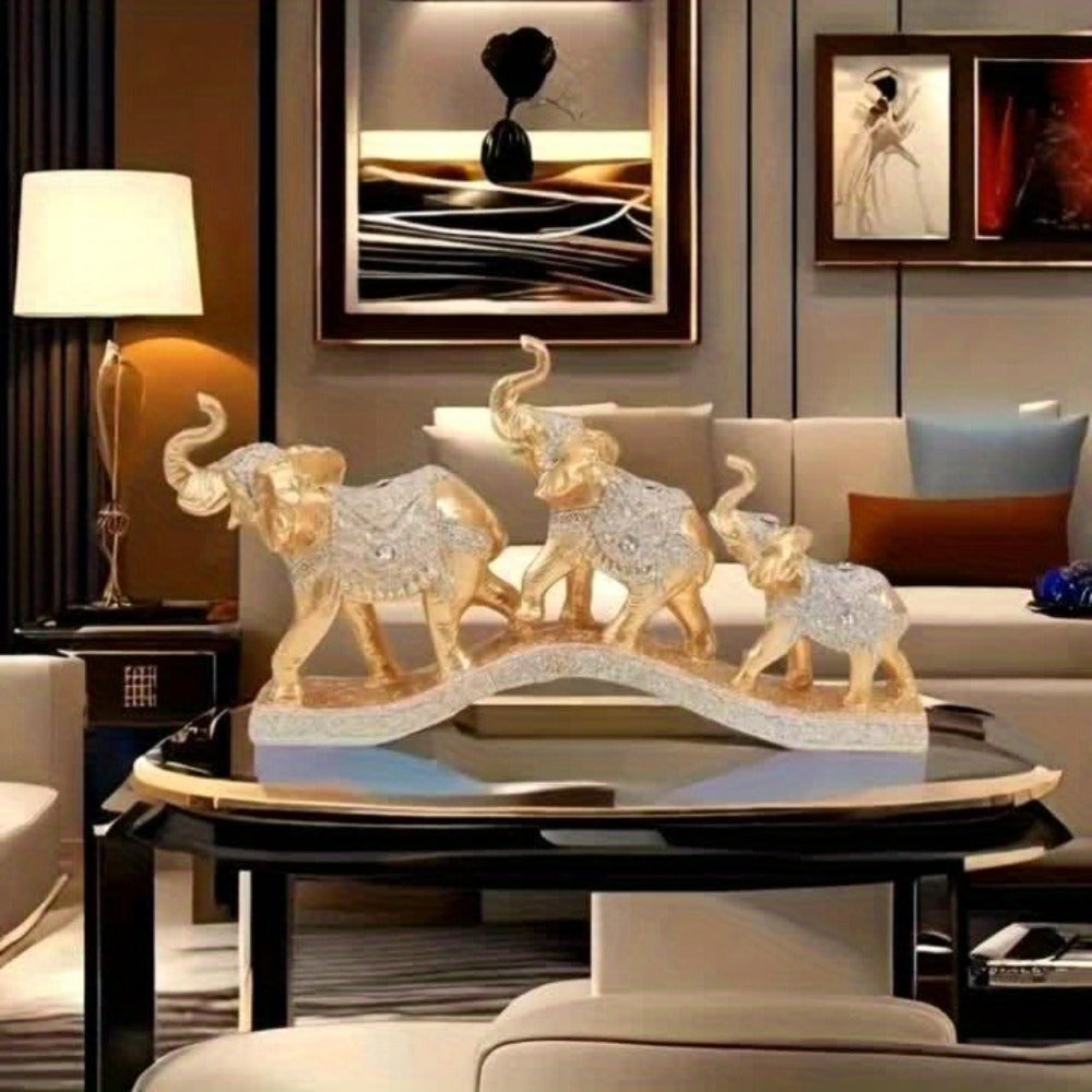 Golden Elephant Family Figurine Set with Three Resin-Look Sculptures on a 14-Inch Display Base