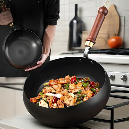 Carbon Steel Wok Pan with Large-Belly Uncoated Design and Heat-Resistant Handle for Stir-Fry, Soup, Stew and Camping Cooking