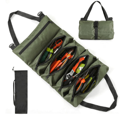 Collapsible Tool Roll Organizer Bag in Green or Black with Multiple Pockets and Carry Handles