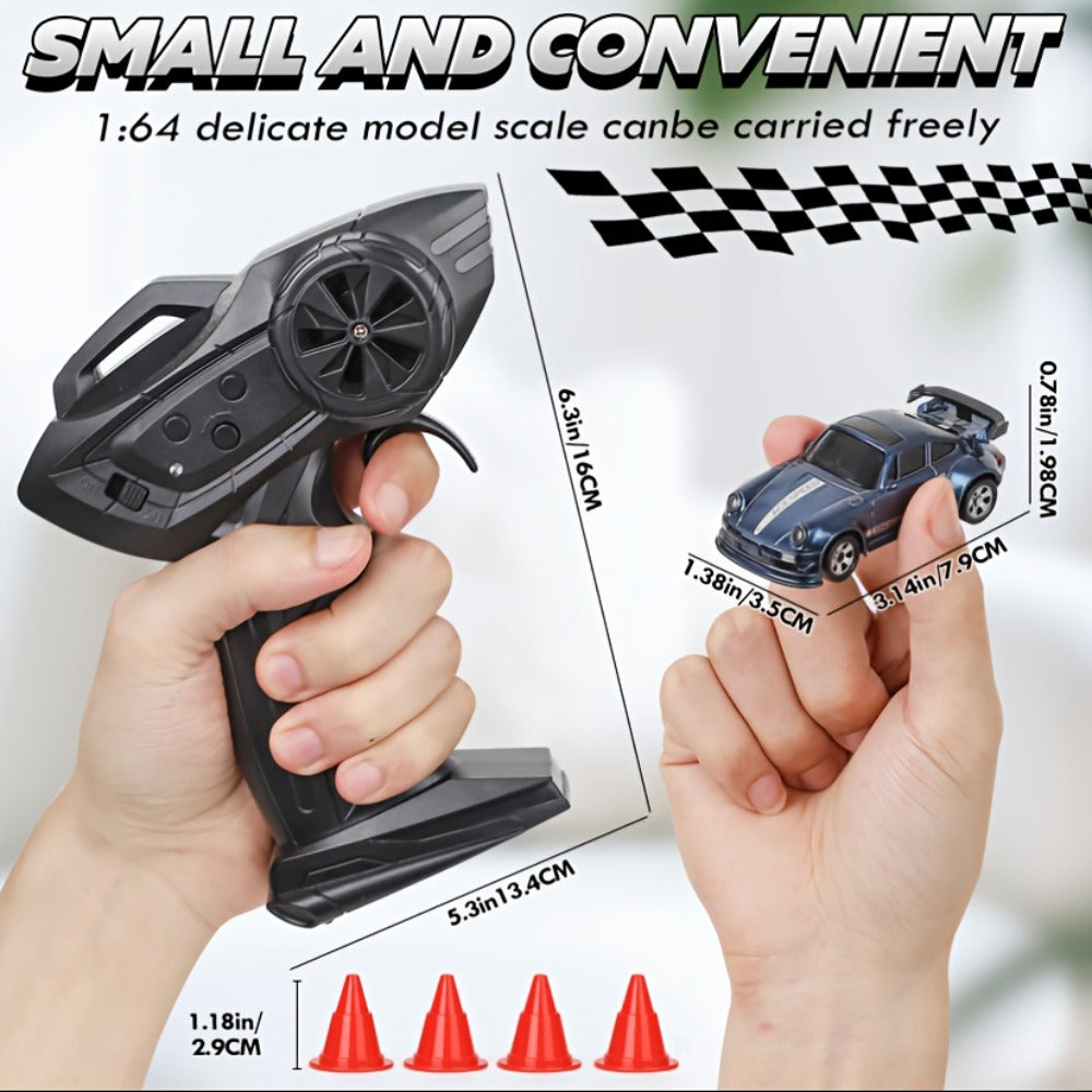 Mini RC Drift Sports Car 1:64 Scale with 4WD Layout, LED Details, Remote Controller and Two Color Options