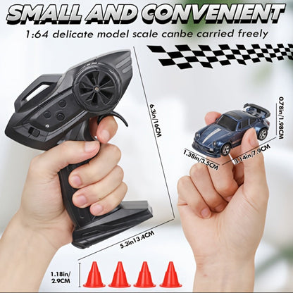Mini RC Drift Sports Car 1:64 Scale with 4WD Layout, LED Details, Remote Controller and Two Color Options