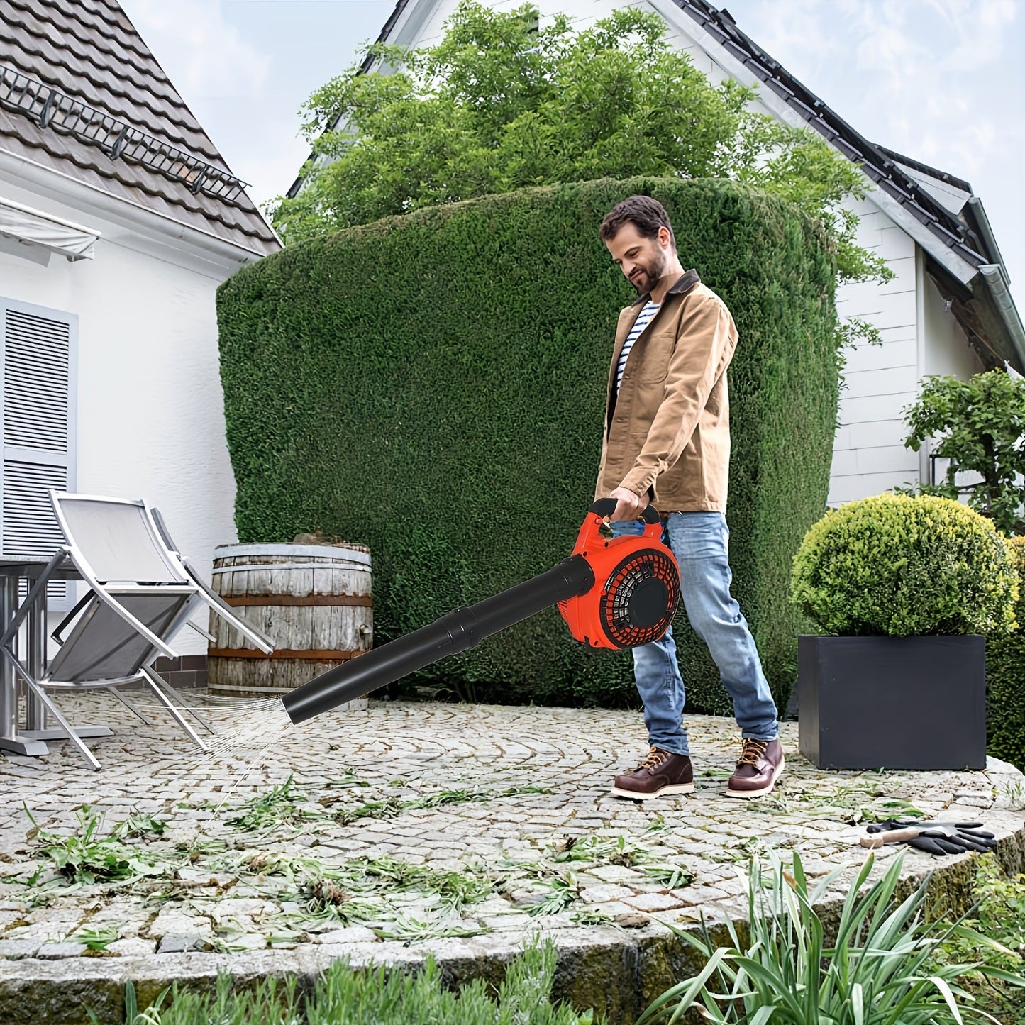 26CC Two-Cycle Gas Leaf Blower in Orange with Handheld Body, Two Straight Tubes, Fuel Container and Funnel