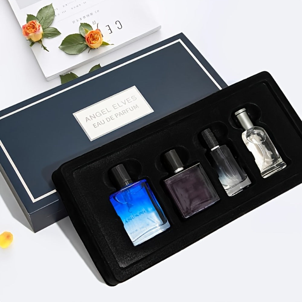 Four-Piece Boxed Fragrance Spray Set with Blue, Clear and Purple Gradient Bottle Presentation