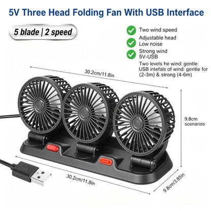 USB 3-Head Desk Fan Quiet Operation Adjustable Speed Powerful Efficient Cooling for Home Office Bedroom Computer Power Bank Compatible Black