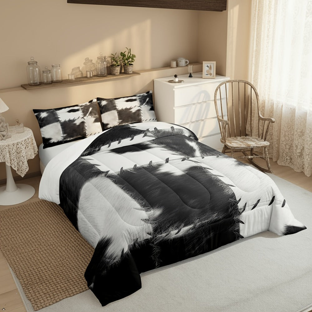 Western Cowhide Print Comforter and Pillowcase Set in Dark Gray with Twin, Full, Queen or King Sizes