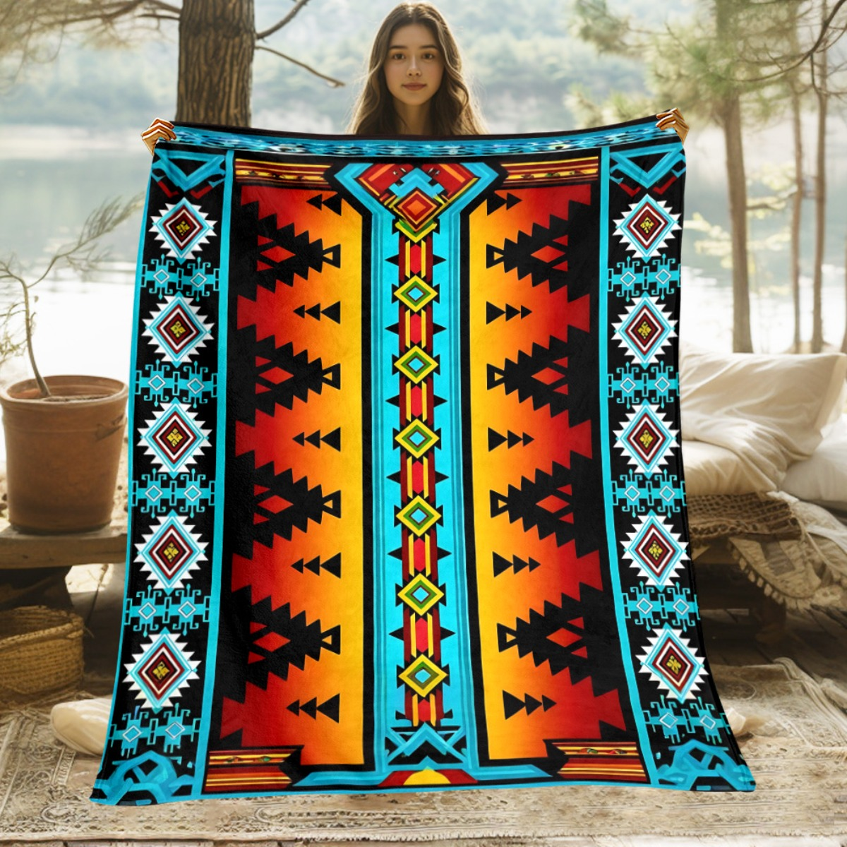 Tribal-Pattern Flannel Throw Blanket in Exact 30 x 40-Inch and 60 x 80-Inch Checkout Sizes