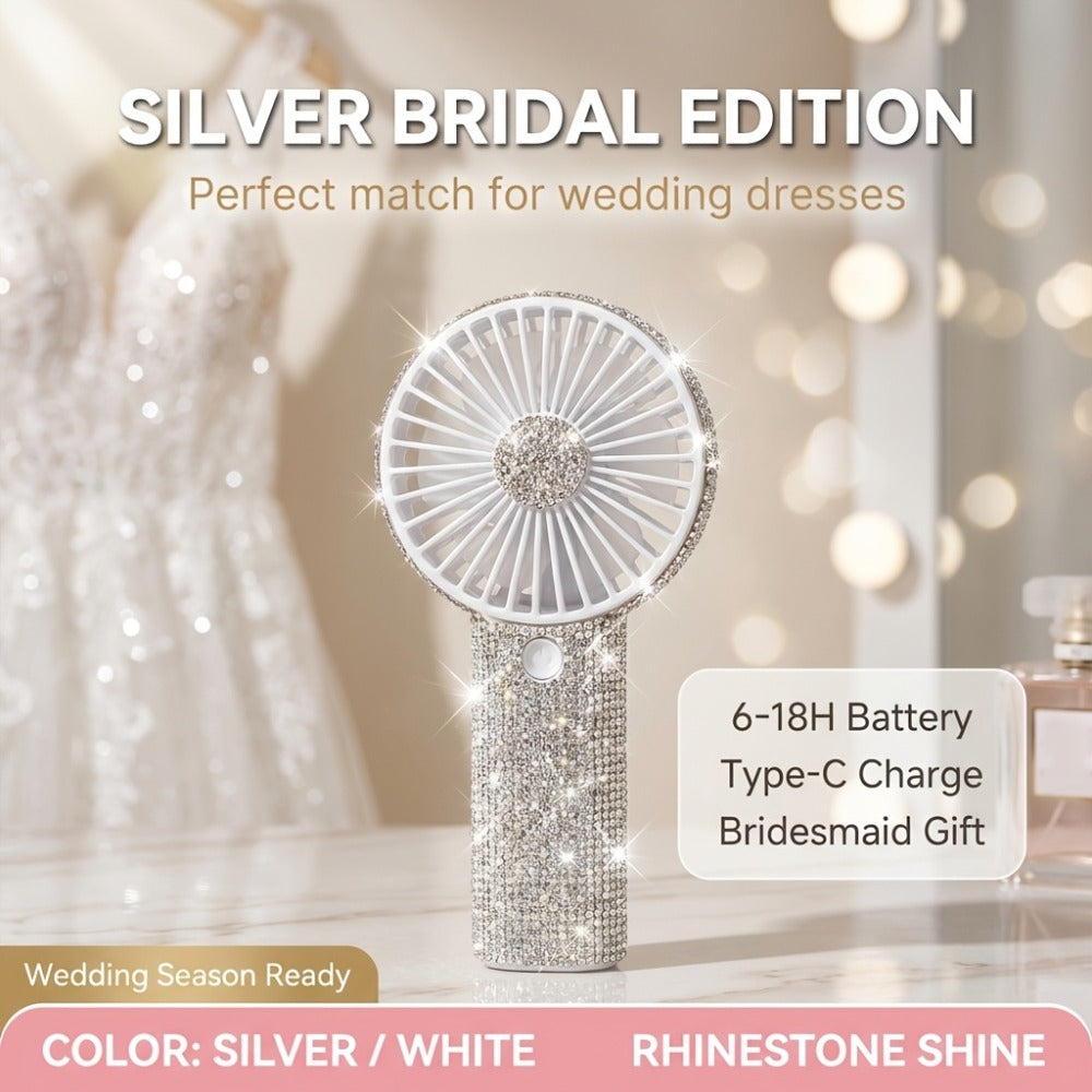Elegant Silvery Rhinestone Mini Handheld Fan with Type-C Charging, Round Grille and Decorated Handle
