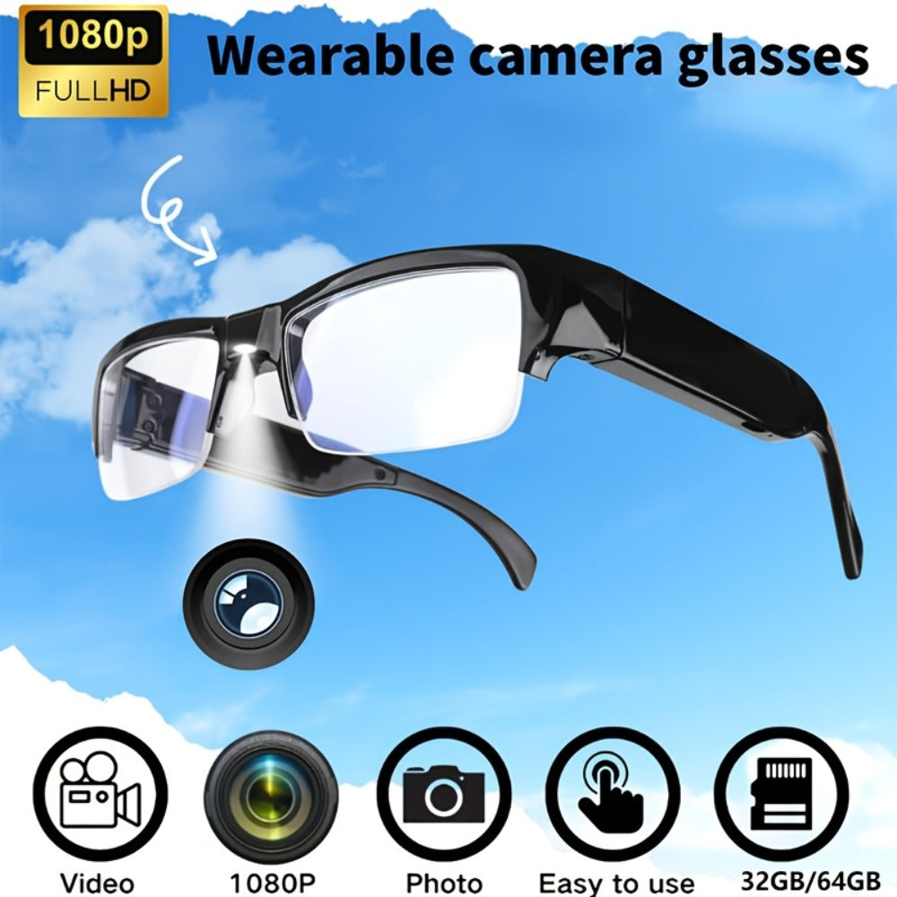 1080p HD Video Glasses 65° Wide Angle - One-Button Sports Camera Glasses, Wearable Body Cam, 120-Min Battery, 32GB & 64GB Options, Driving Cycling Meeting Recording