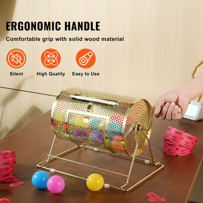 Gold-Tone Raffle Drum with Crank Handle, Perforated Rotating Cage, Base Stand and Ticket Accessories