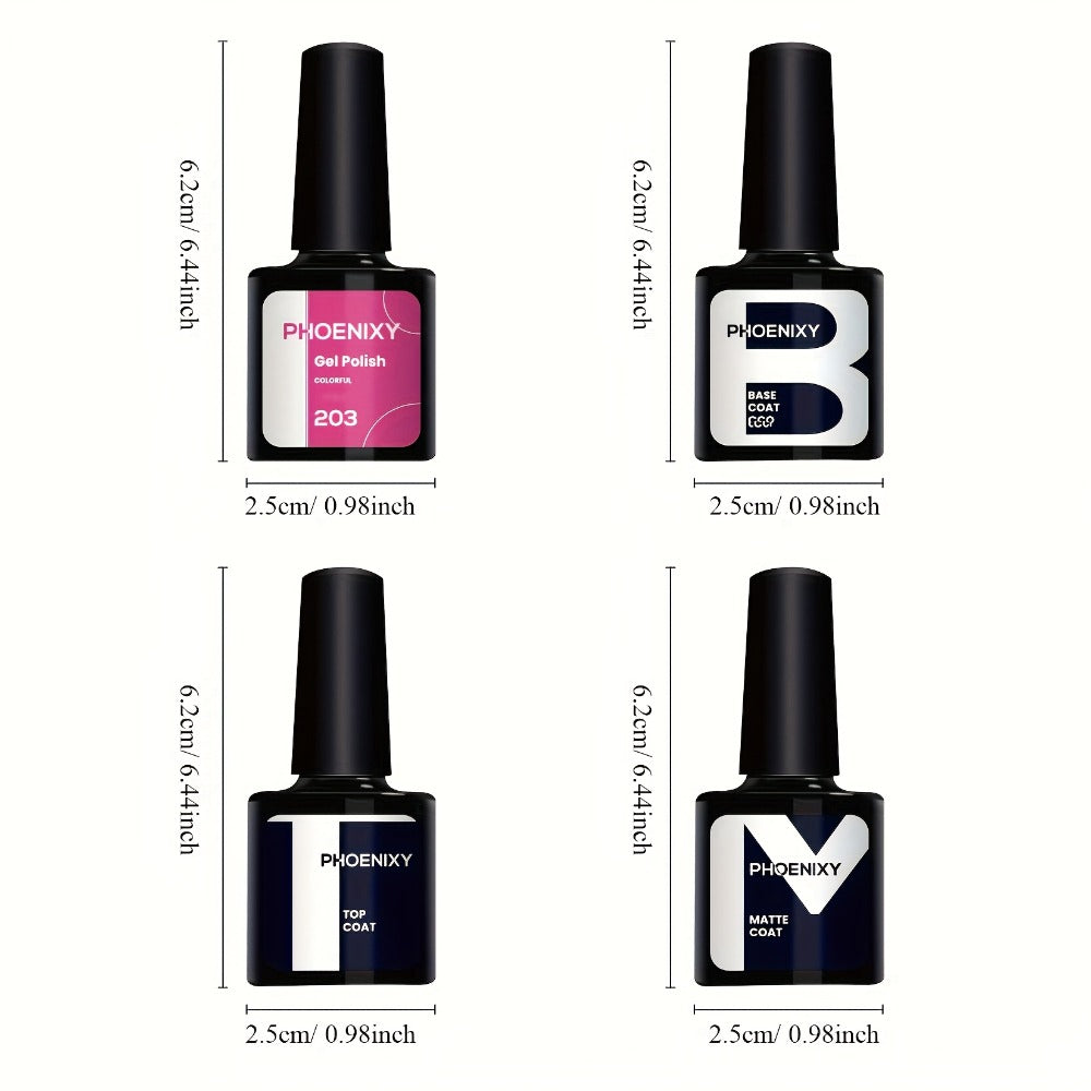 Gel Nail Polish Set with PHOENIXY Label, 30 Pieces with Base, Glossy, Matte and Glitter Top Coats