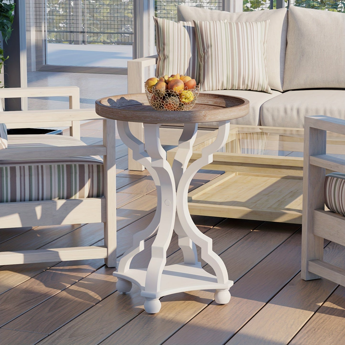 Side Table Rustic Raised-Tray Accent Design with Distressed Wood-Like Finish in Square or Round Shape