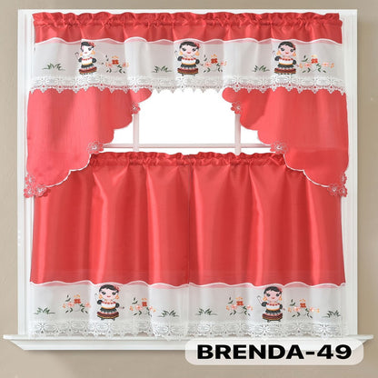 Three-Piece Patterned Kitchen Curtain Set with One Valance, Two Tiers and Forty-Six Exact Design Options