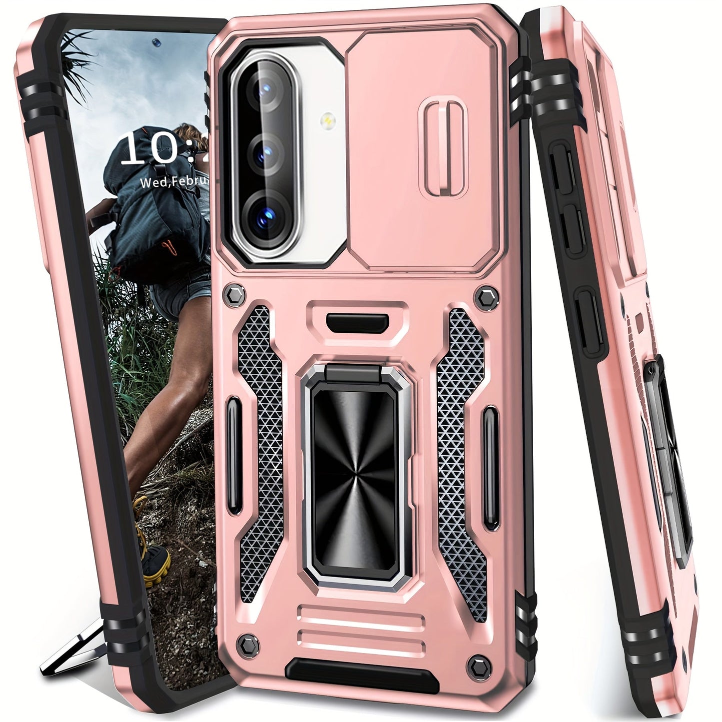 Samsung Galaxy Shockproof Magnetic Phone Case with 360° Rotating Ring Bracket & Sliding Lens Protector – Heavy Duty Cover for S24FE S23FE S22 S21FE Ultra A55 A54 A35 A34 A25 A24 A16 A15 A14 A06 A05 A05S 5G