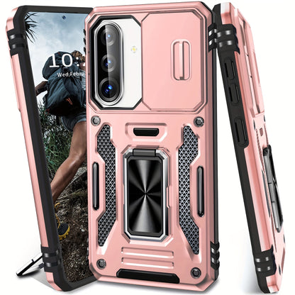 Samsung Galaxy Shockproof Magnetic Phone Case with 360° Rotating Ring Bracket & Sliding Lens Protector – Heavy Duty Cover for S24FE S23FE S22 S21FE Ultra A55 A54 A35 A34 A25 A24 A16 A15 A14 A06 A05 A05S 5G