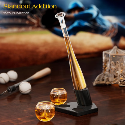 Baseball Bat Whiskey Decanter Set with 20.2 oz Bat-Shaped Bottle, Two 10.1 oz Baseball Glasses and Display Stand