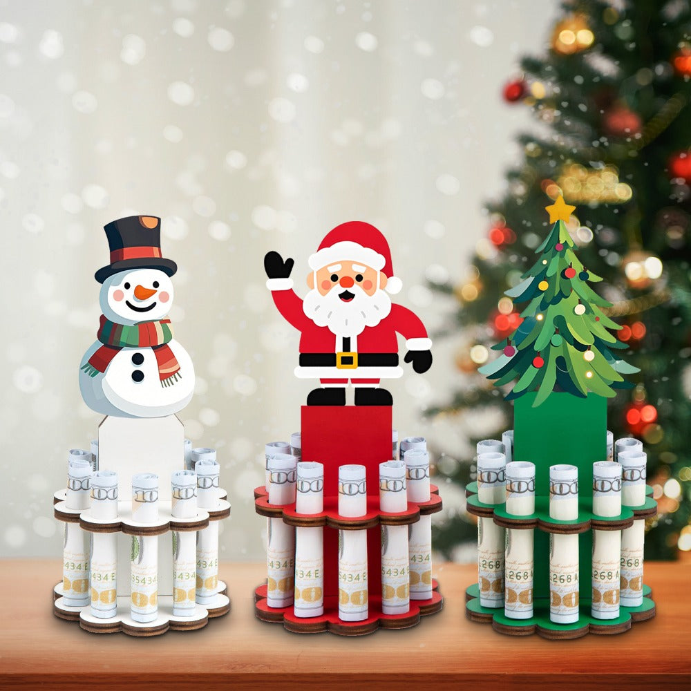 Three-Piece Santa, Snowman and Christmas Tree Rolled-Money Display Set with Ten Slots Each
