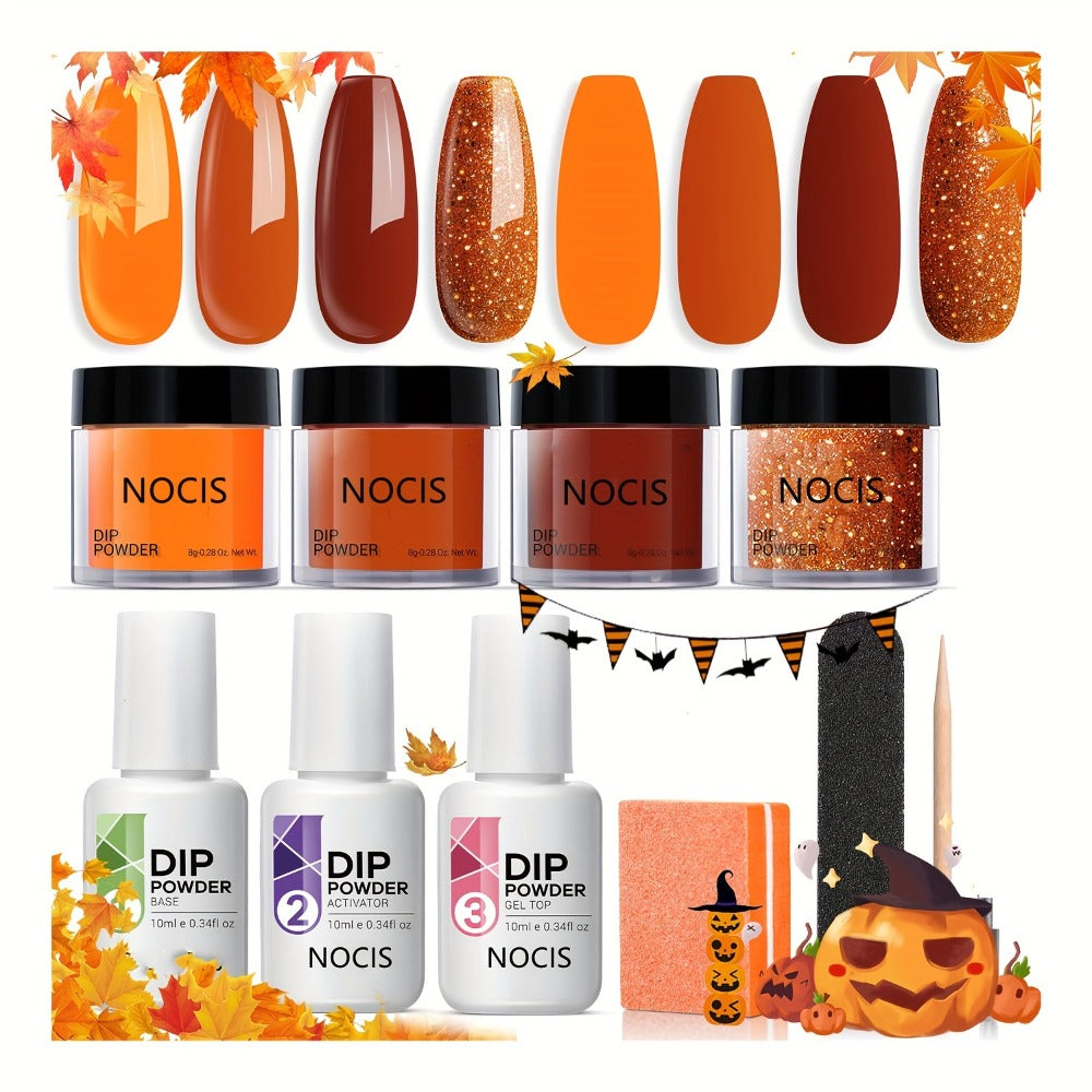 Dip Powder Nail Kit with NOCIS Label, Four Orange Brown Glitter Powders, Three 10ml Liquids and Four Tools