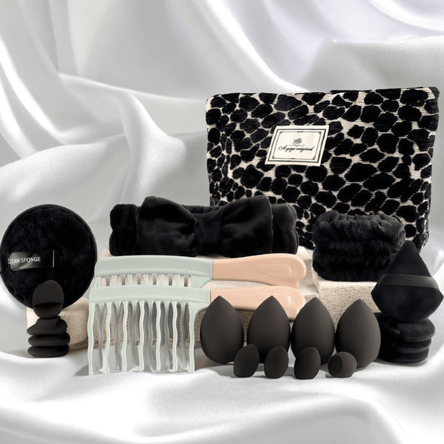Makeup Brush Set, 23-, 44- or 47-Piece Nylon Bristle Kit with Blending Sponges and Leopard, Beige or Black Bag