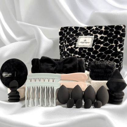 Makeup Brush Set, 23-, 44- or 47-Piece Nylon Bristle Kit with Blending Sponges and Leopard, Beige or Black Bag