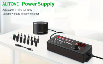Adjustable 3–24V AC/DC Power Adapter with 72W Label, LCD Readout, Knob Control and Connector Set