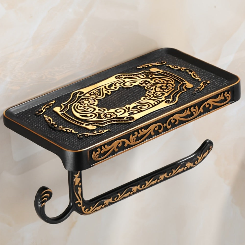 Golden Wall-Mounted Toilet Paper Holder with Embossed Vintage-Style Shelf, Roll Bar and Side Hook
