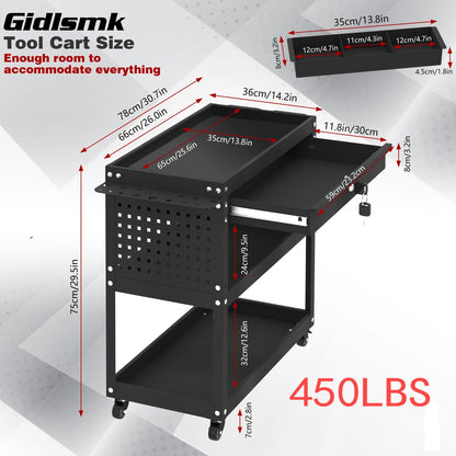 Rolling Tool Cart 3-Layer with Drawers & Screw Box Storage, Heavy-Duty Mechanic Trolley on Wheels for Garage Workshop Repair Shop, 400LBS / 450LBS / 550LBS Load Capacity, Industrial Tool Organizer