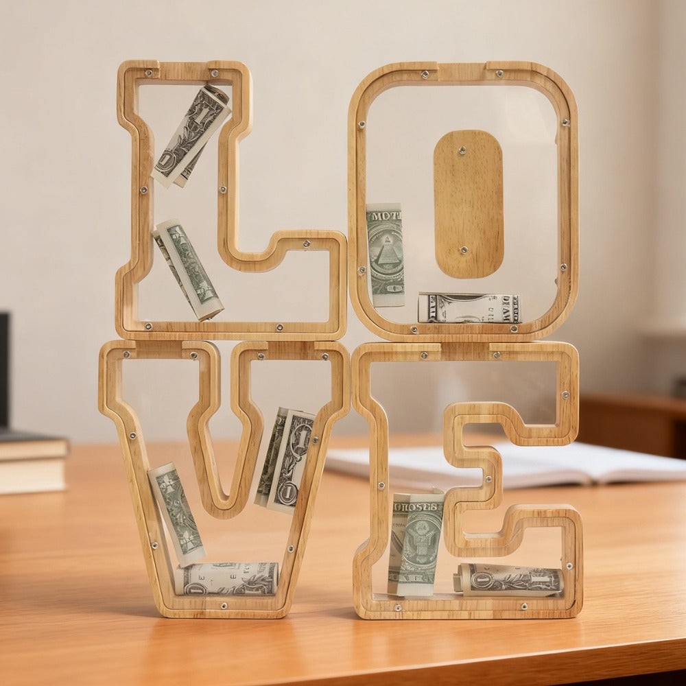 Alphabet Wooden Money Bank with Clear Front Panel, Coin Slot and A-to-Z Letter Options for Adults
