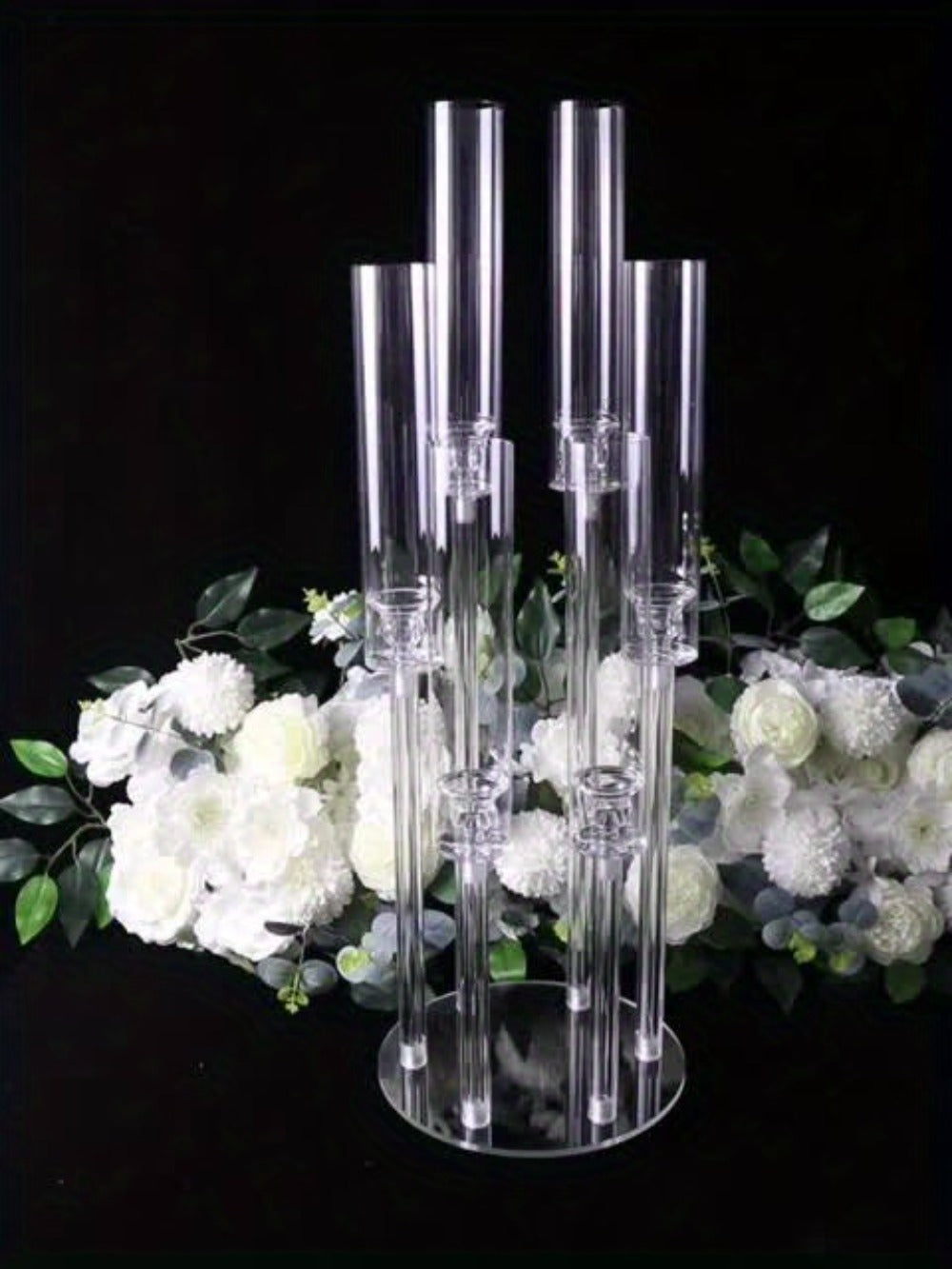Clear Acrylic Six-Arm Candelabra with 68cm Height, 22cm Round Base and 2-, 4-, 10-, 12- or 20-Piece Options