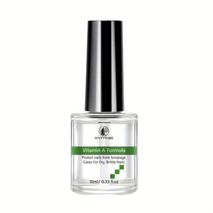 Clear 10 ml Nail Care Bottle with Black Cap, Green Vitamin A Label and Attached Brush Applicator