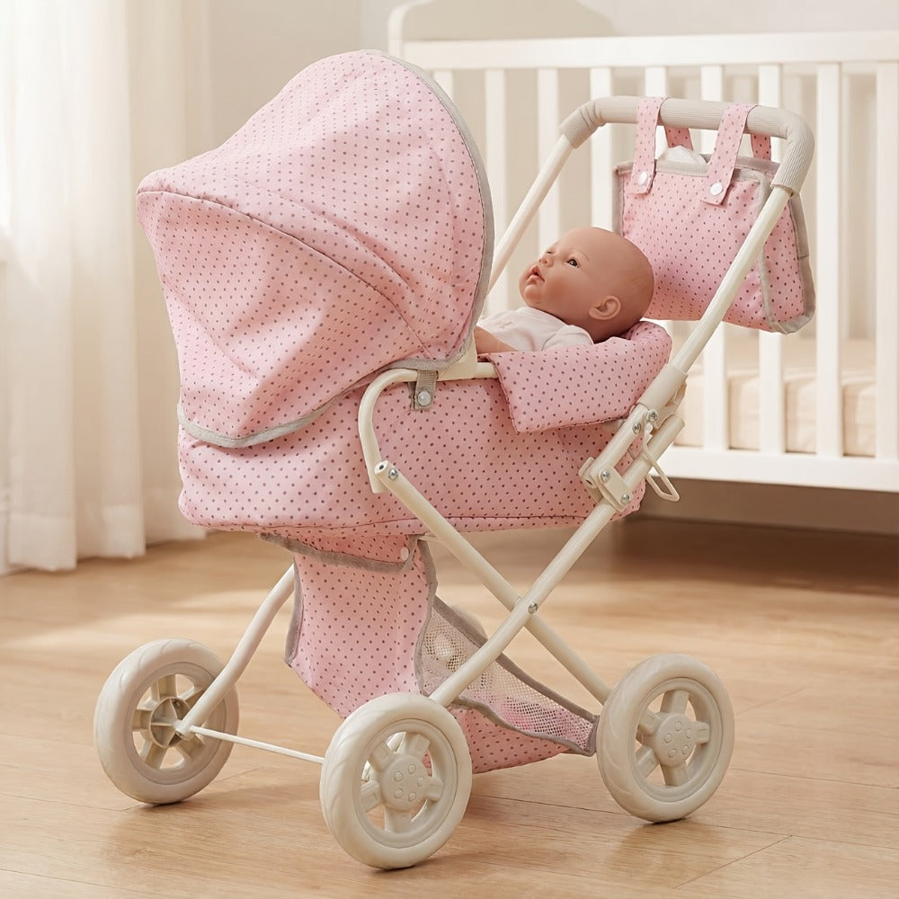3-in-1 Baby Doll Stroller Set Pink Foldable Pram with Bassinet & Carry Bag for 14-24 Inch Dolls Swivel Wheels Adjustable Handle Nursery Role Play Gift for Girls Ages 3-12 (No Doll)