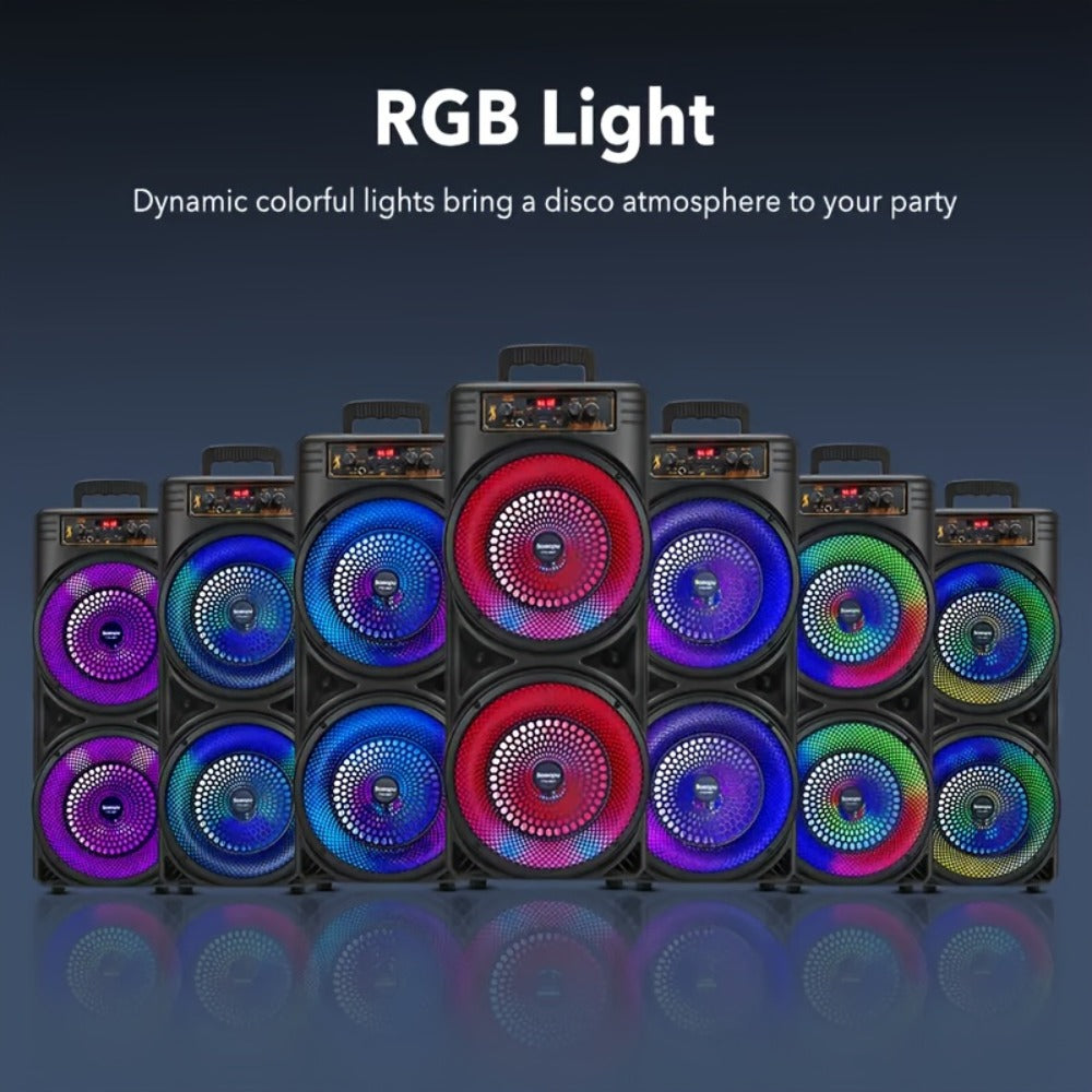 Dual 8.5-Inch Portable Party Speaker with RGB Lights, Bluetooth, TWS, FM, USB and Built-In Microphone