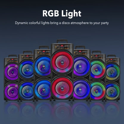 Dual 8.5-Inch Portable Party Speaker with RGB Lights, Bluetooth, TWS, FM, USB and Built-In Microphone