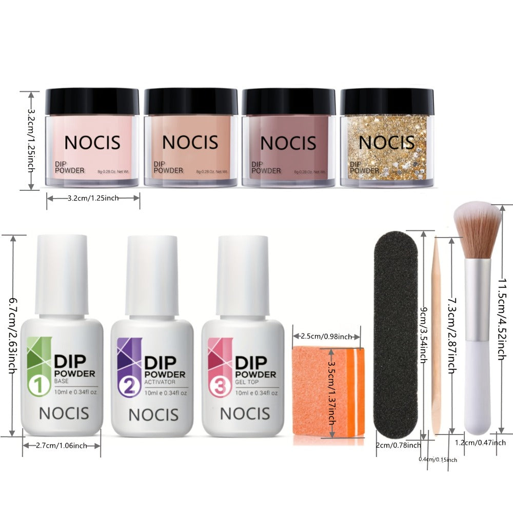 Dip Powder Nail Kit with NOCIS Label, Four Nude and Gold Glitter Powders, Three 10ml Liquids and Four Tools