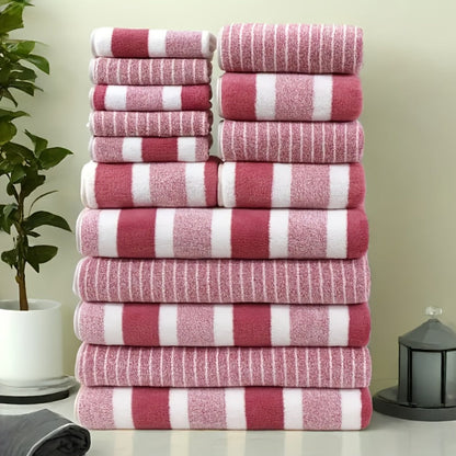 Coral Fleece Towel Set 9 or 15 Piece No Hair Loss 320GSM - Super Soft Absorbent Two-Color Striped | 2 Bath 2 Face 5 Hand Towels | Gray Brown Red Green Blue Mixed | Bathroom Beach Essentials
