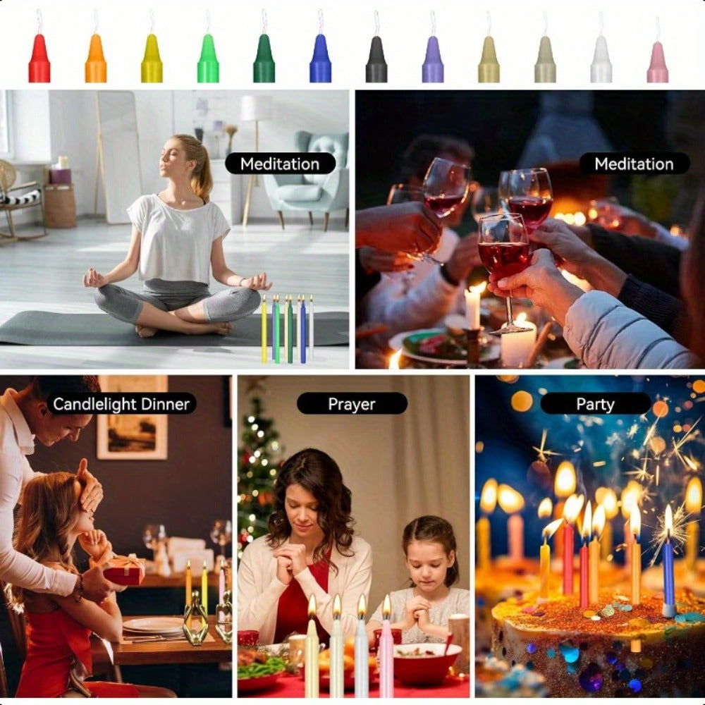Unscented Chime Candle Set with 6.3-Inch Slim Paraffin Tapers in Assorted Colors and 24- or 48-Piece Packs