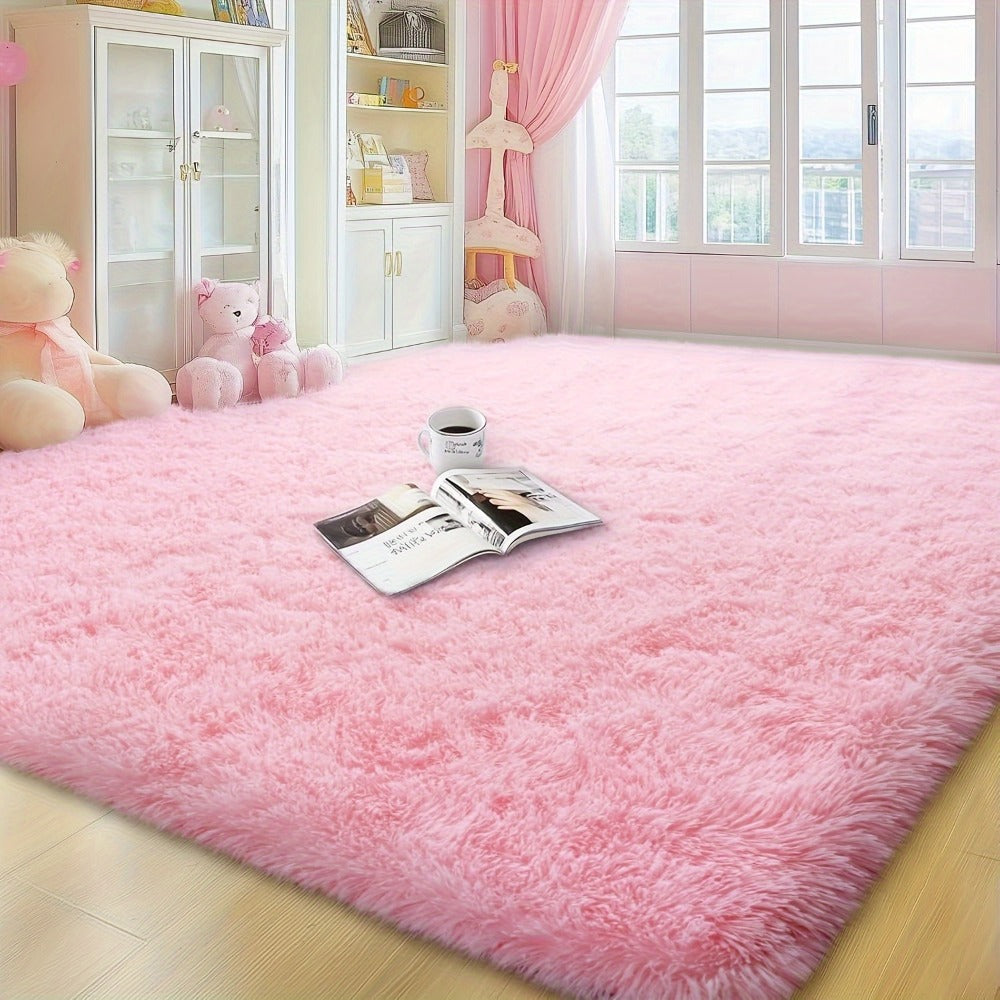 Area Rug Pink Soft Shaggy Design in Four Sizes with Placement Stickers for Bedroom or Dorm