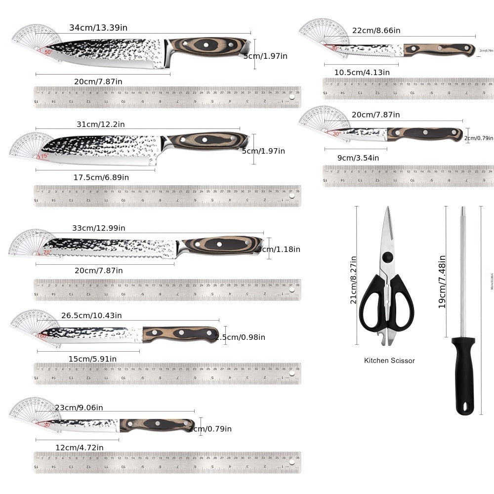 Kitchen Knife Set 15-Piece Hammered Stainless Steel with Steak Knives and Self-Sharpening Wood Block