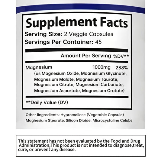 Dietary Supplement Magnesium 8-in-1 Complex with Eight Listed Forms, 1000mg per Capsule, Two Bottles