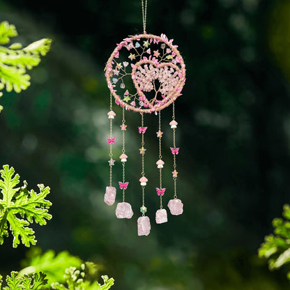 Round Beaded Wall Hanging Decor in Purple, Pink or Green with Heart Charms and Five Hanging Strands