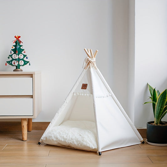 Pet Teepee Bed with Cushion – Linen Fabric Cat & Dog Tent, Dome-Shaped All-Season Indoor Outdoor House, Padded & Sturdy Frame for Small to Medium Pets, Easy Clean (Small or Large, White or Creamy-White)