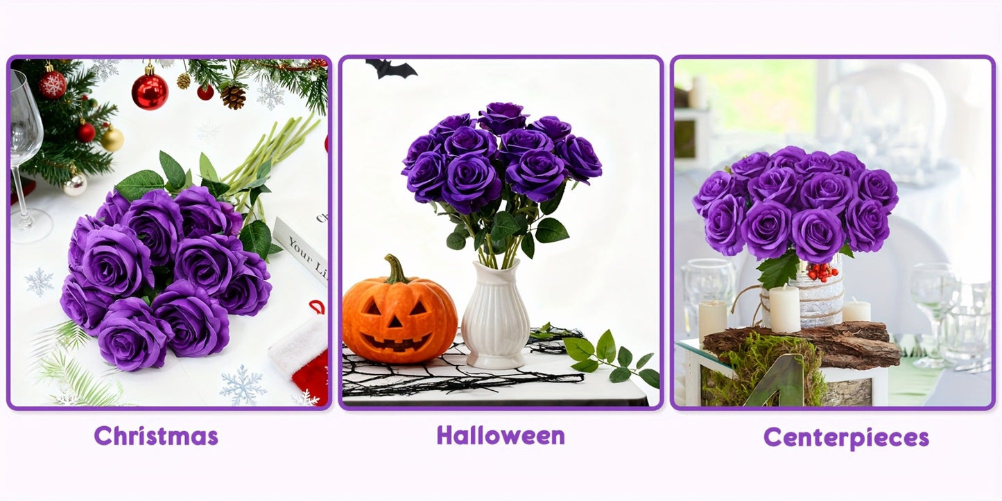Artificial Flowers 10-Piece Silk Rose Set with 19.69-Inch Bendable Stems in Deep Purple or Dark Green