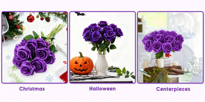 Artificial Flowers 10-Piece Silk Rose Set with 19.69-Inch Bendable Stems in Deep Purple or Dark Green