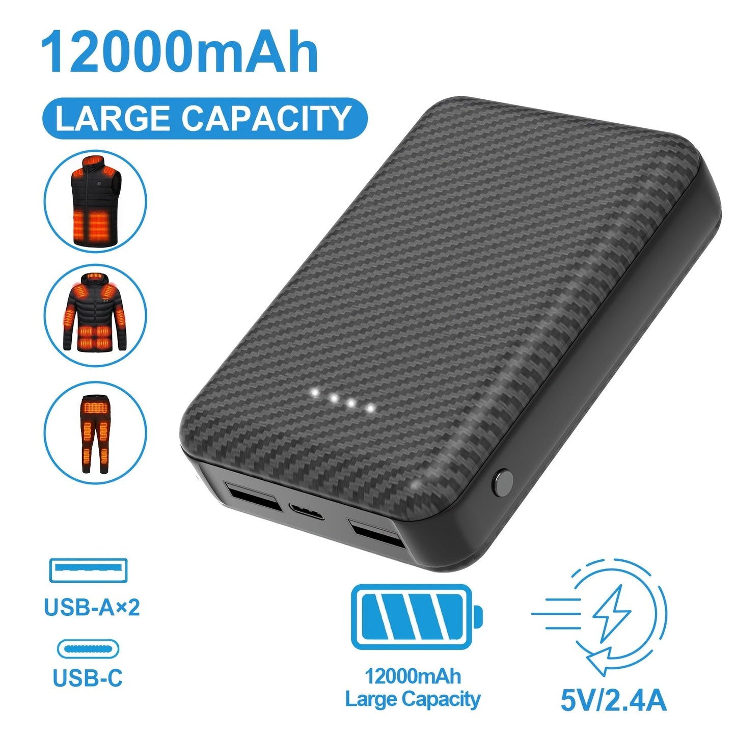 12000mAh Textured Slim Power Bank with 5V/2.4A Marking, USB-C Port and Dual USB-A Output Ports