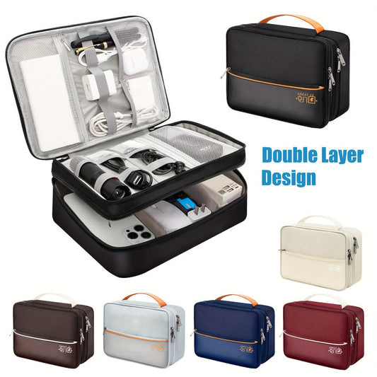 Cable Organizer Bag for Travel Double Layer – Water-Resistant Electronics Case with Removable Dividers | Cables, Chargers, Power Bank & Tablet, Grey & Black