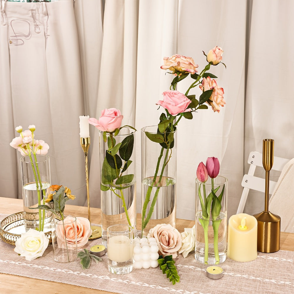 Clear Glass Cylinder Vase Set in 18- or 24-Piece Configurations with 4, 8 and 12-Inch Heights