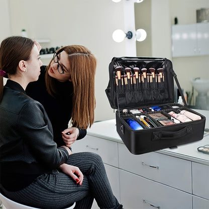 Black 15.8-Inch Soft Makeup Train Case with Three-Layer Interior, Brush Panel and Shoulder Strap