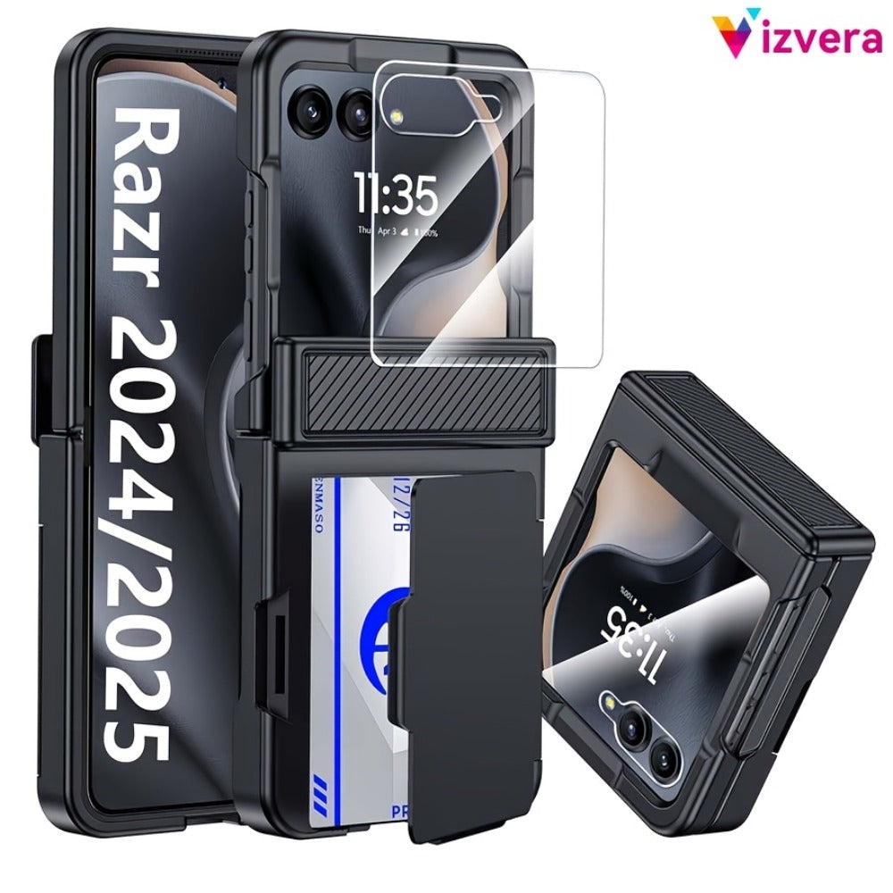 Phone Case Hinge Protector with Built-In Screen Cover, Card Clip and Lanyard for Motorola Razr 2024 and 2025