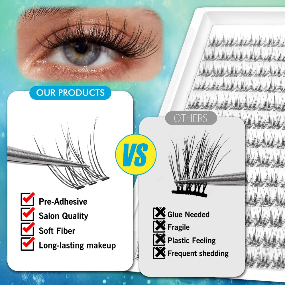 Pre-Glued Wispy False Eyelash Cluster Tray with 156 Clusters and Two Pink Applicator Tweezers