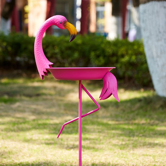 Bird Bath Outdoor Metal Flamingo Feeder Bowl – 3D Garden Lawn Stake Drinker Plate