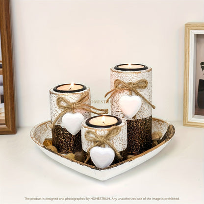 Wooden Candle Holder Set of 4 – Love Heart Tray, Tea Light Holder, Knot Bow Decoration & Decorative Stone Bowl for Home Decor, Valentine's Day, Christmas & Easter Gift